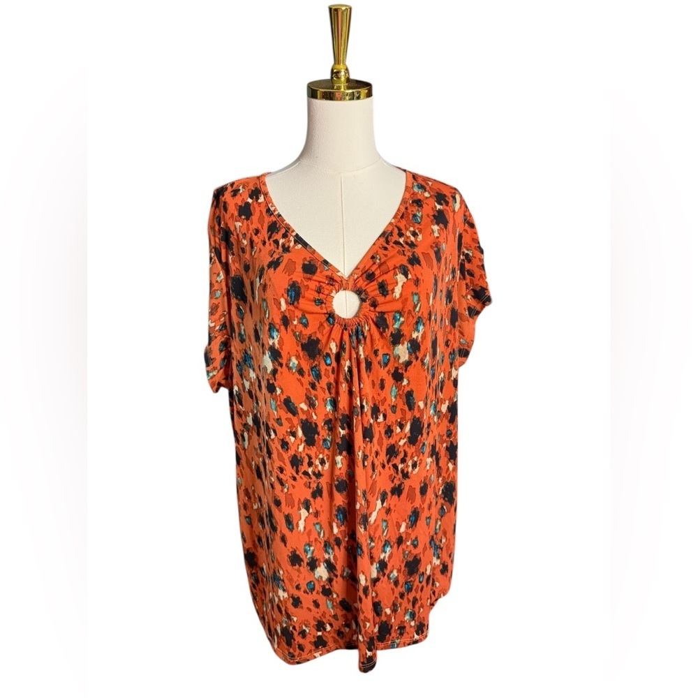 Women’s Orange Printed V-Neck Top with Key Hole Neck Size 22 / 24 Blue Black